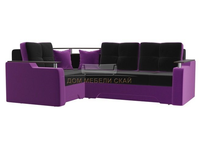 Угловой диван-кровать левый Комфорт, черный/фиолетовый/микровельвет