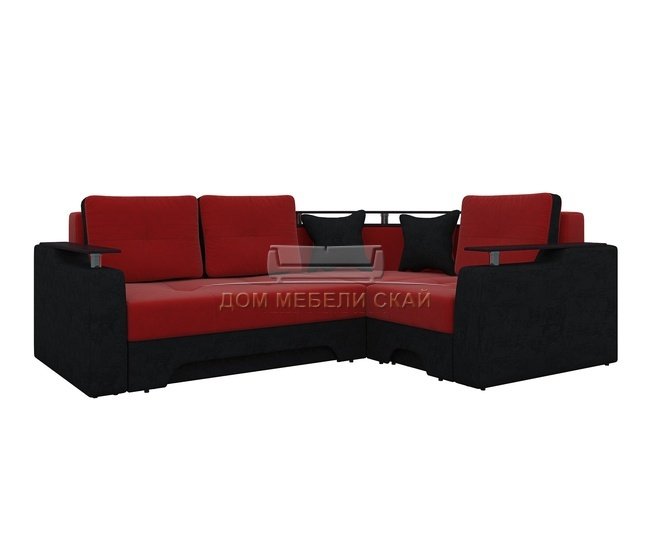 Угловой диван-кровать правый Комфорт, красный/черный/микровельвет