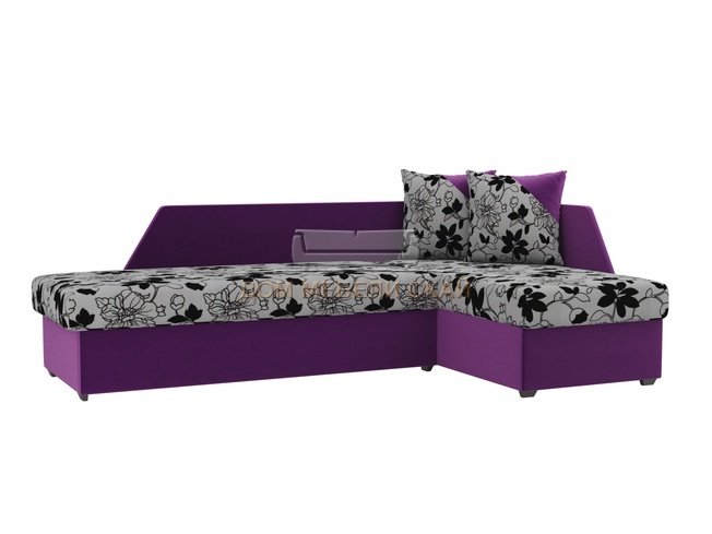 Угловой диван-кровать правый Андора, цветы/фиолетовый/флок на рогожке/микровельвет