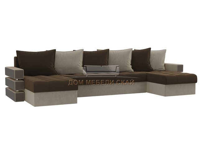 П-образный угловой диван Венеция, коричневый/бежевый/микровельвет