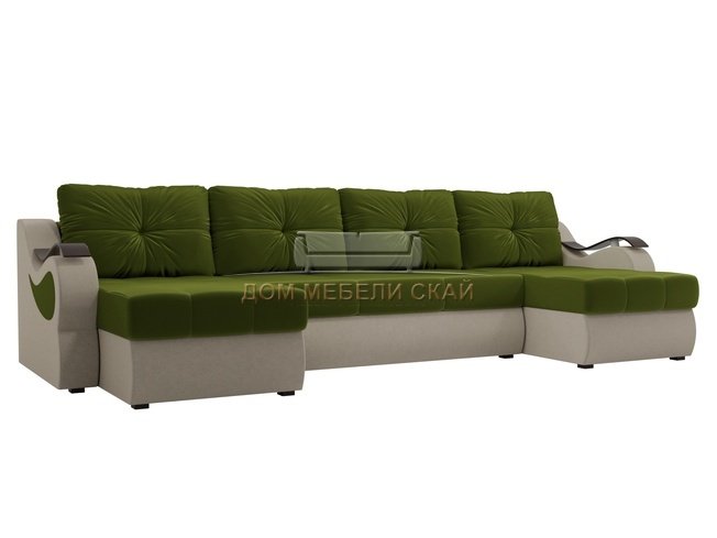 П-образный угловой диван Меркурий, зеленый/бежевый/микровельвет