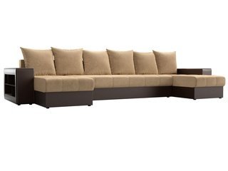 П-образный угловой диван Дубай, бежевый/коричневый/микровельвет/экокожа